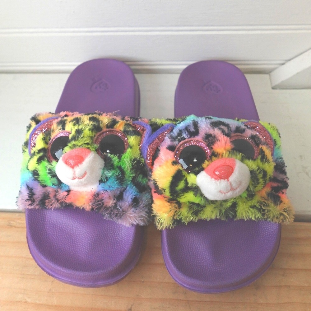 Girl TY Slides Size 11-13 New Unused Dotty Leopard Slip-on Shoes Purple Rainbow